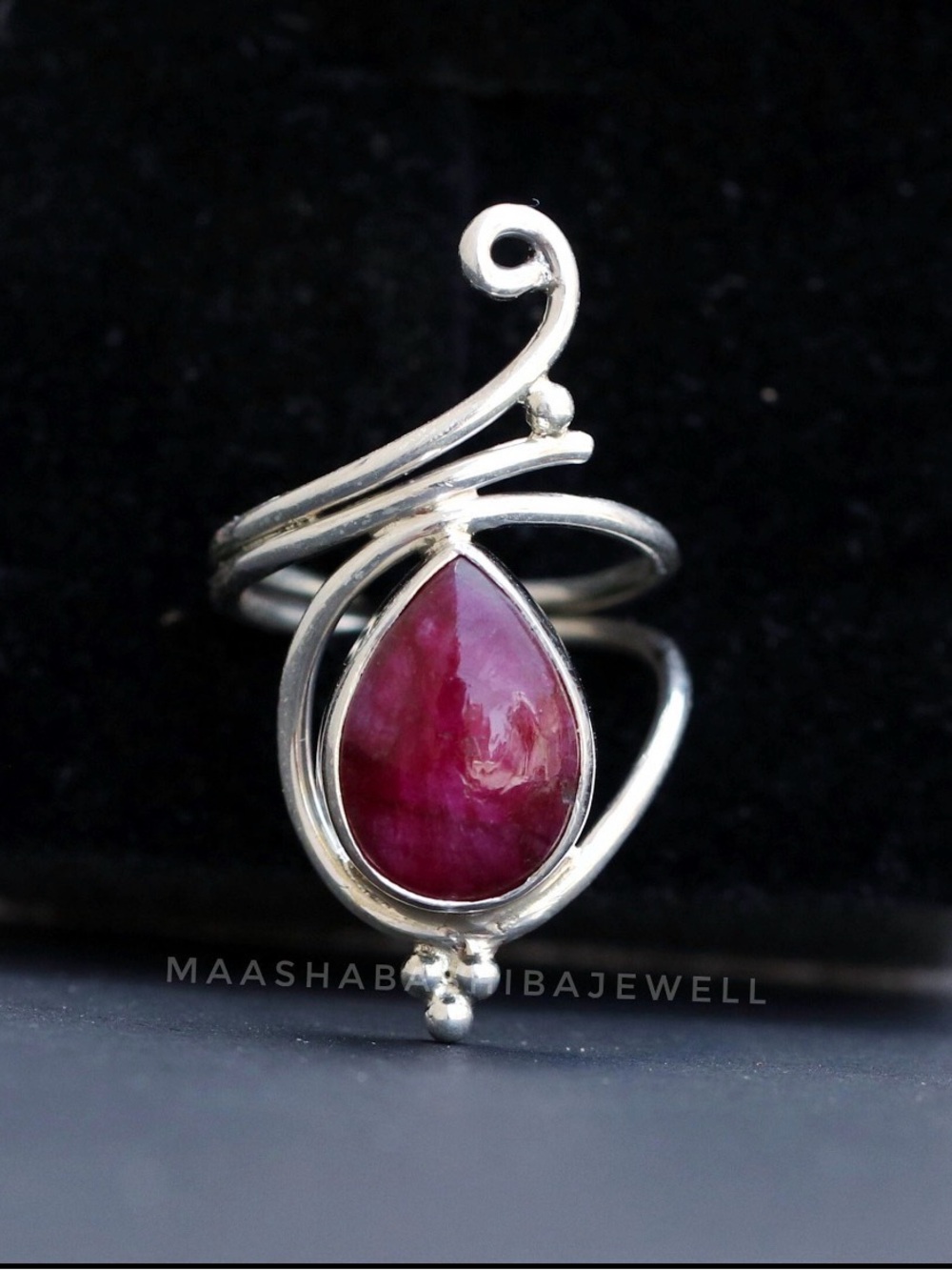 Maasha Bijewell Sterling Silver Teardrop Indian Ruby Ring Size 10 3/4